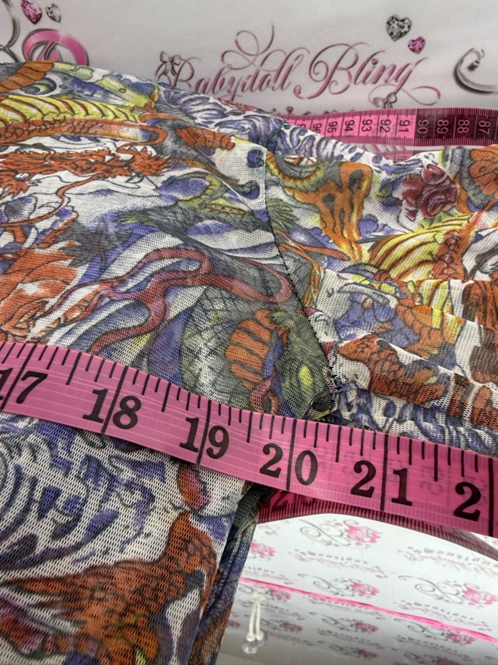 Long Sleeve mesh Floral & Dragon Print tattoo style Top - Purple, Orange, Green - Picture 11 of 12
